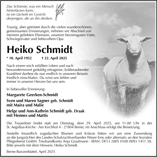 Traueranzeige von Heiko Schmidt von Nordwest-Zeitung