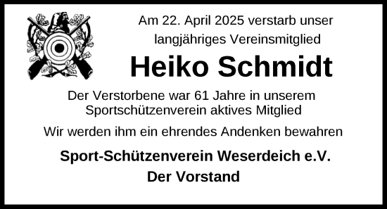 Traueranzeige von Heiko Schmidt von Nordwest-Zeitung