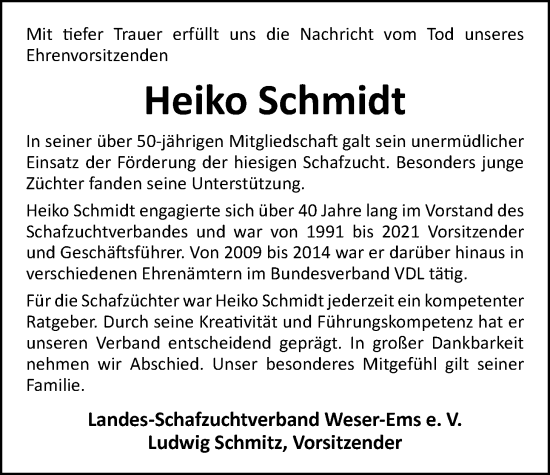 Traueranzeige von Heiko Schmidt von Nordwest-Zeitung