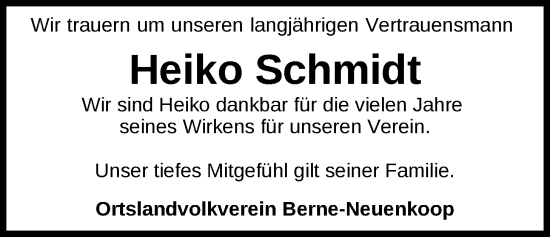 Traueranzeige von Heiko Schmidt von Nordwest-Zeitung