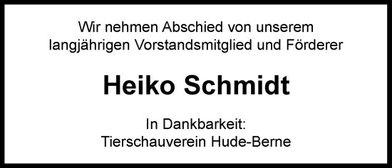 Traueranzeige von Heiko Schmidt von Nordwest-Zeitung