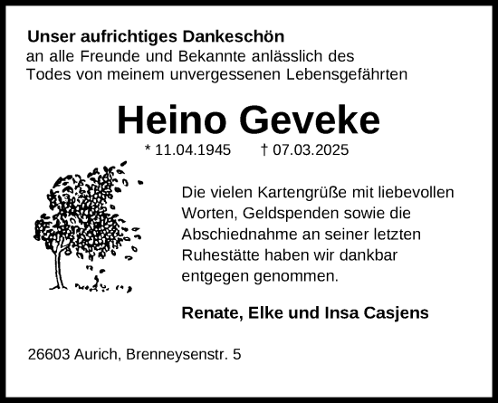 Traueranzeige von Heino Geveke von Emder Zeitung
