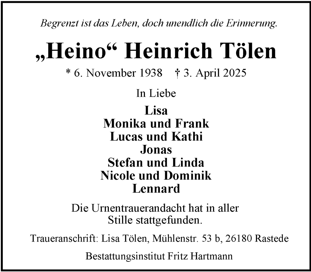  Traueranzeige für Heinrich Tölen vom 19.04.2025 aus Nordwest-Zeitung