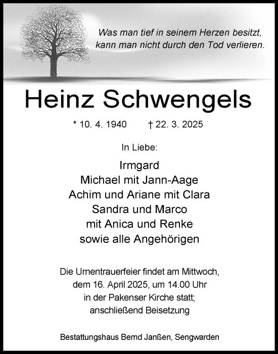 Traueranzeige von Heinz Schwengels von WZ/JW/AH