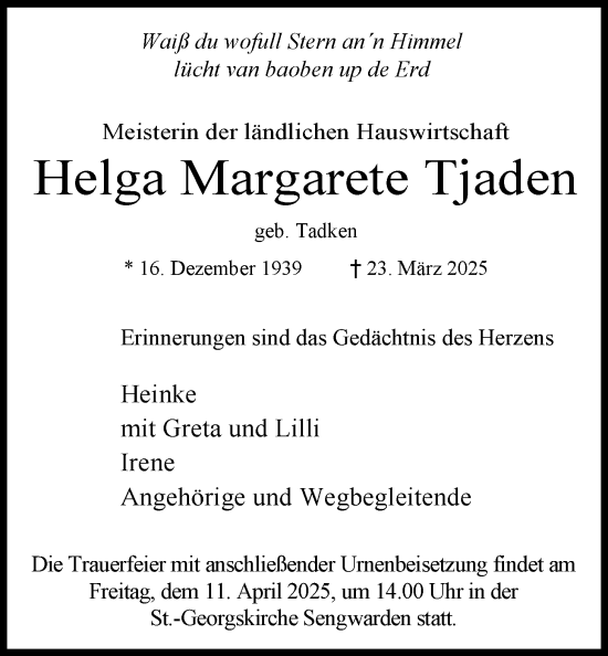 Traueranzeige von Helga Margarete Tjaden von WZ/JW/AH