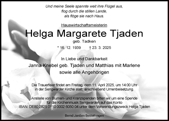 Traueranzeige von Helga Margarete Tjaden von WZ/JW/AH
