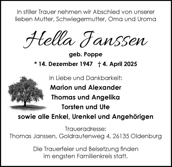 Traueranzeige von Hella Janssen von Nordwest-Zeitung