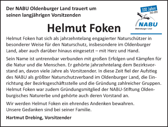 Traueranzeige von Helmut Foken von Nordwest-Zeitung
