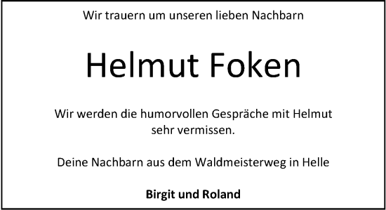 Traueranzeige von Helmut Foken von Nordwest-Zeitung