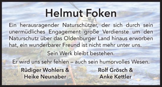 Traueranzeige von Helmut Foken von Nordwest-Zeitung
