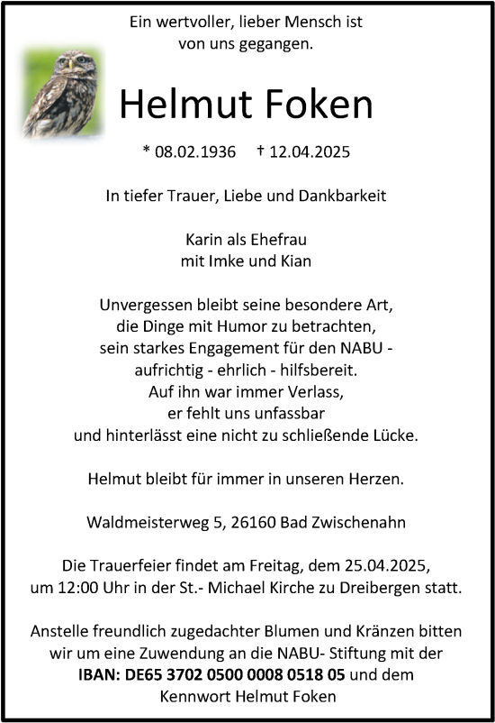 Traueranzeige von Helmut Foken von Nordwest-Zeitung