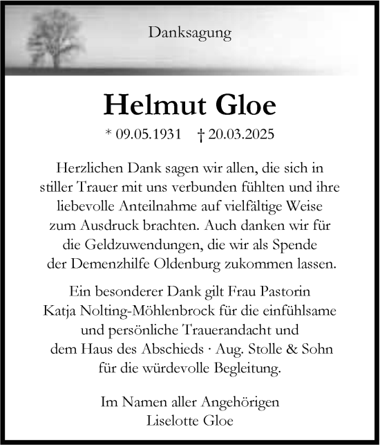Traueranzeige von Helmut Gloe von Nordwest-Zeitung