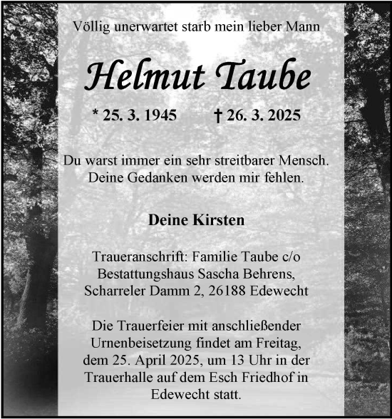 Traueranzeige von Helmut Taube von Nordwest-Zeitung