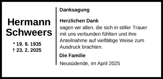 Traueranzeige von Hermann Schweers von Nordwest-Zeitung