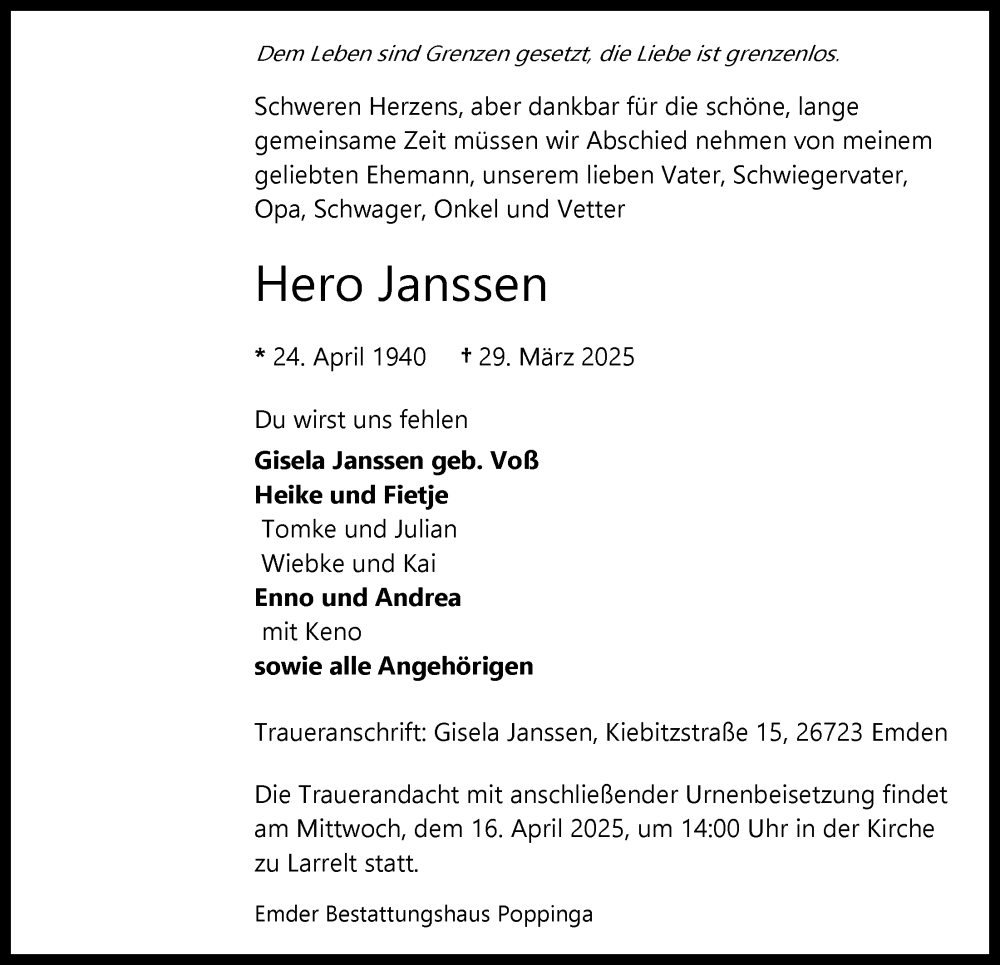  Traueranzeige für Hero Janssen vom 05.04.2025 aus Emder Zeitung