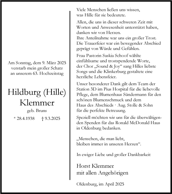 Traueranzeige von Hildburg Klemmer von Nordwest-Zeitung