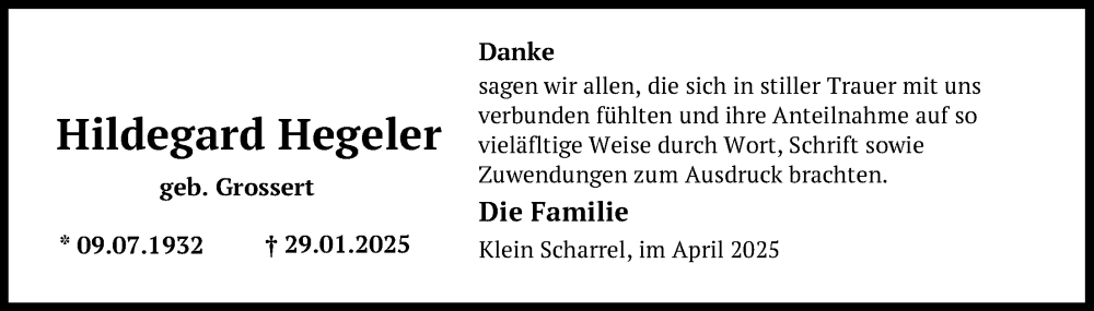  Traueranzeige für Hildegard Hegeler vom 19.04.2025 aus Nordwest-Zeitung