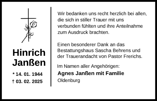 Traueranzeige von Hinrich Janßen von Nordwest-Zeitung