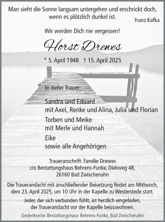 Traueranzeige von Horst Drewes von Nordwest-Zeitung