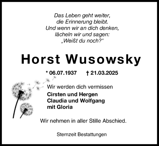 Traueranzeige von Horst Wusowsky von WZ/JW/AH