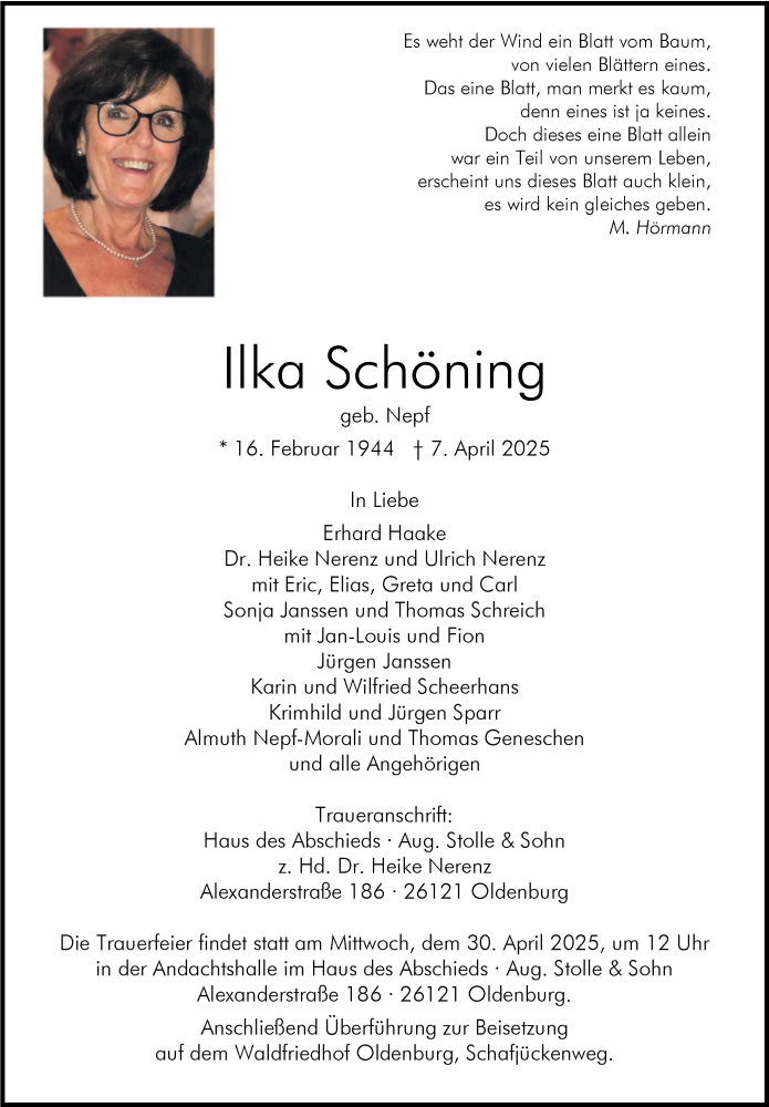  Traueranzeige für Ilka Schöning vom 26.04.2025 aus Nordwest-Zeitung
