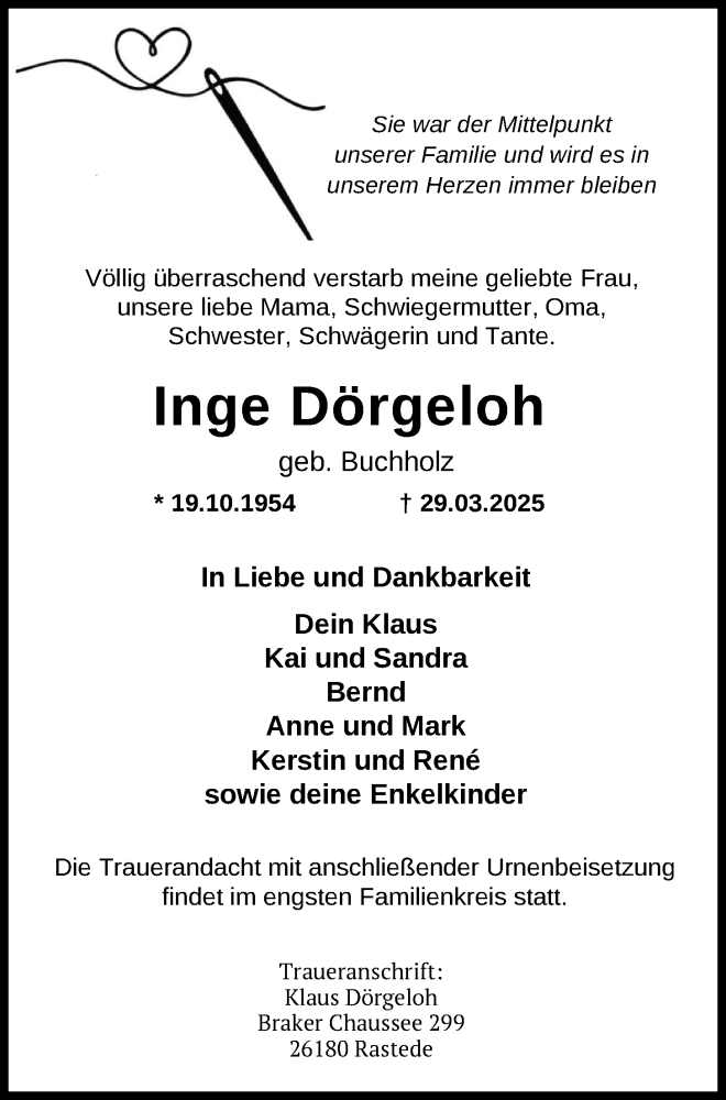  Traueranzeige für Inge Dörgeloh vom 05.04.2025 aus Nordwest-Zeitung