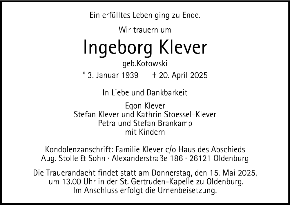  Traueranzeige für Ingeborg Klever vom 26.04.2025 aus Nordwest-Zeitung