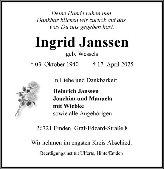 Traueranzeige von Ingrid Janssen von Emder Zeitung