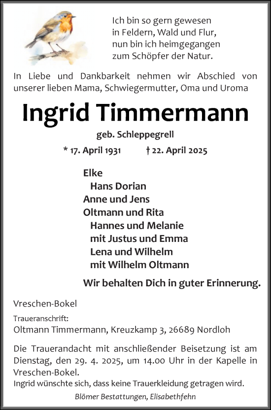 Traueranzeige von Ingrid Timmermann von Nordwest-Zeitung