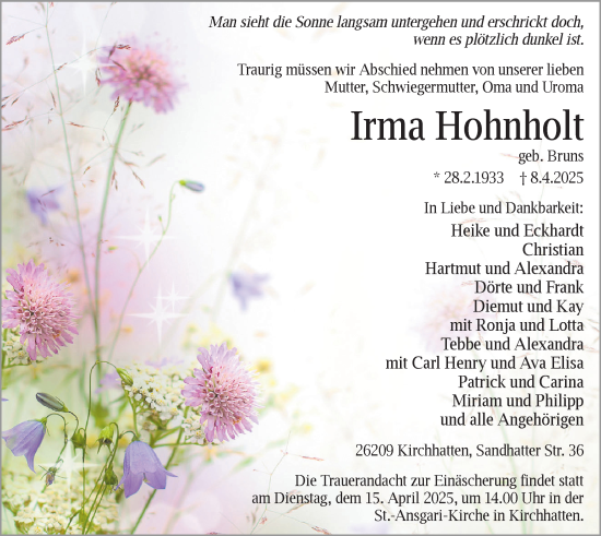 Traueranzeige von Irma Hohnholt von Nordwest-Zeitung