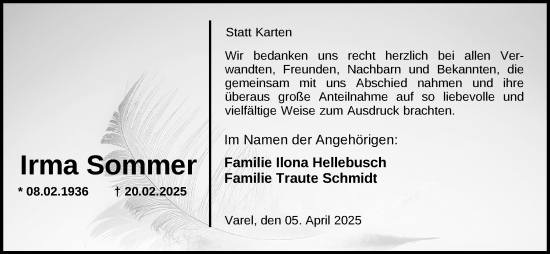 Traueranzeige von Irma Sommer von Nordwest-Zeitung