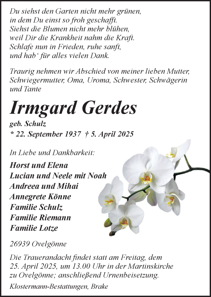  Traueranzeige für Irmgard Gerdes vom 19.04.2025 aus Nordwest-Zeitung