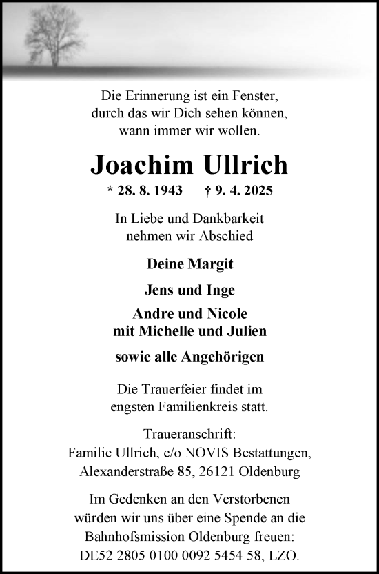 Traueranzeige von Joachim Ullrich von Nordwest-Zeitung