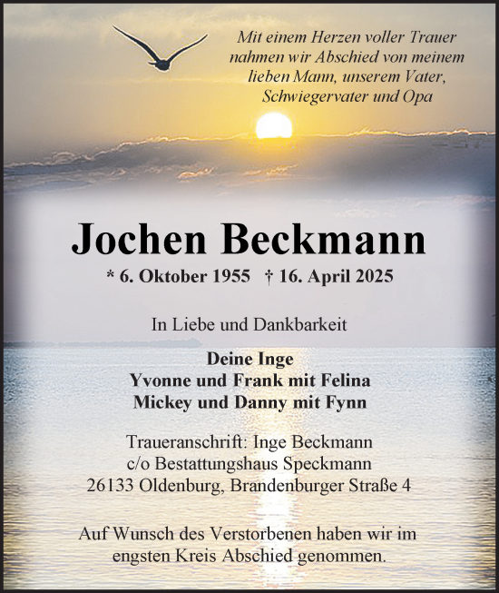 Traueranzeige von Jochen Beckmann von Nordwest-Zeitung