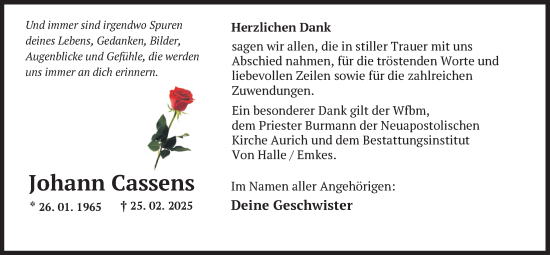 Traueranzeige von Johann Cassens von Emder Zeitung