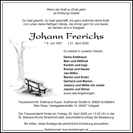 Traueranzeige von Johann Frerichs von WZ/JW/AH