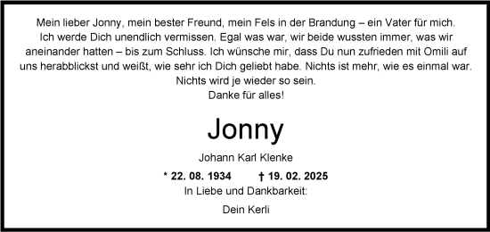 Traueranzeige von Johann Klenke von WZ/JW/AH