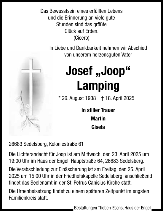 Traueranzeige von Josef Lamping von Nordwest-Zeitung