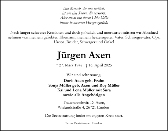 Traueranzeige von Jürgen Axen von Emder Zeitung