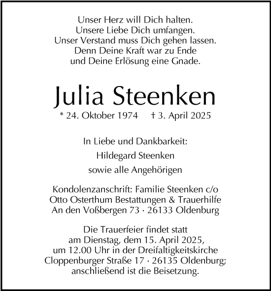 Traueranzeige von Julia Steenken von Nordwest-Zeitung