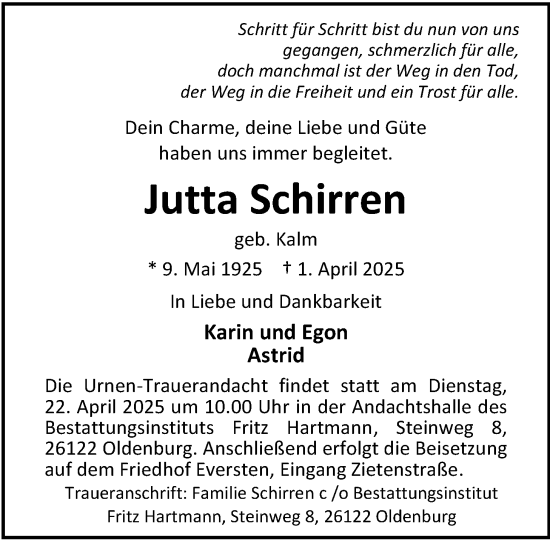 Traueranzeige von Jutta Schirren von Nordwest-Zeitung