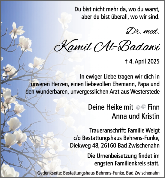 Traueranzeige von Kamil Al-Badawi von Nordwest-Zeitung