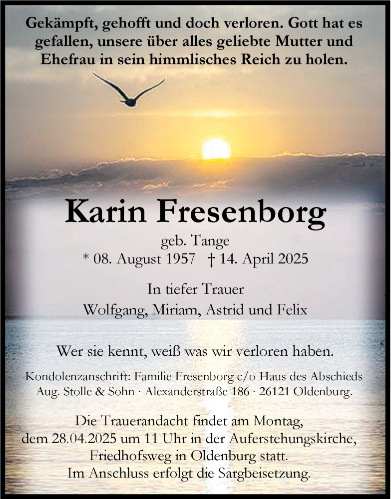  Traueranzeige für Karin Fresenborg vom 23.04.2025 aus Nordwest-Zeitung