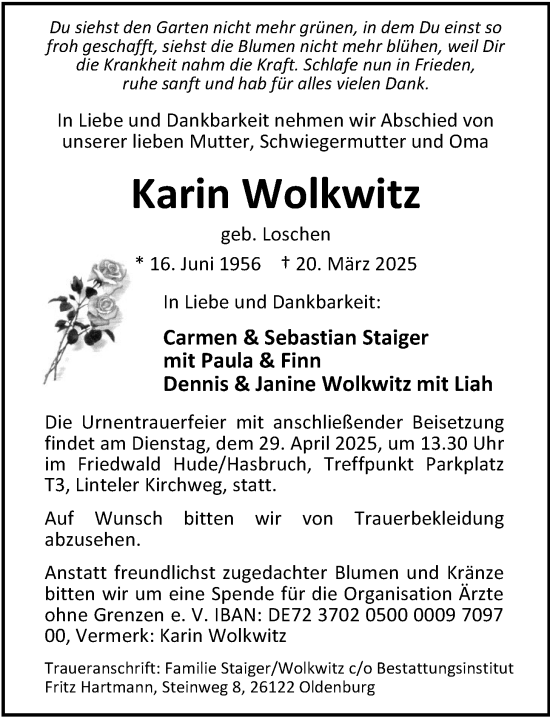 Traueranzeige von Karin Wolkwitz von Nordwest-Zeitung