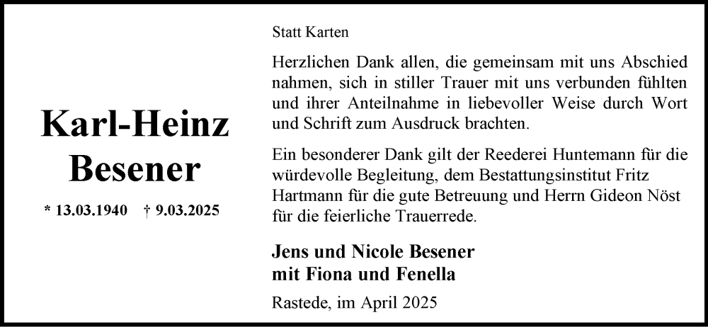  Traueranzeige für Karl-Heinz Besener vom 26.04.2025 aus Nordwest-Zeitung