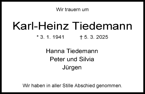 Traueranzeige von Karl-Heinz Tiedemann von WZ/JW/AH