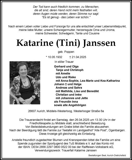 Traueranzeige von Katarine Janssen von WZ/JW/AH