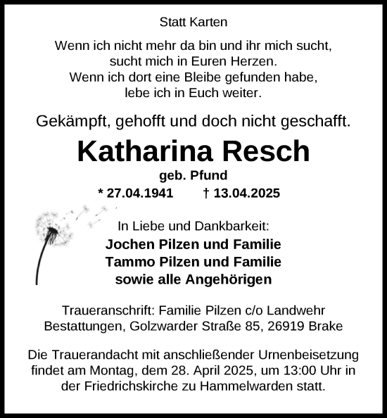 Traueranzeige von Katharina Resch von Nordwest-Zeitung