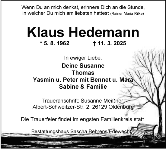 Traueranzeige von Klaus Hedemann von Nordwest-Zeitung
