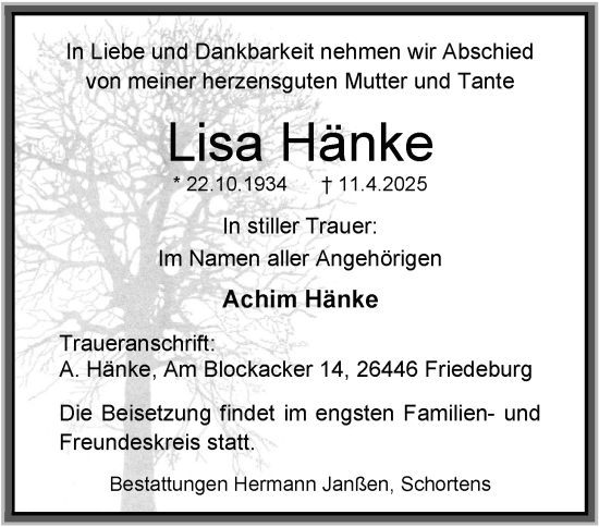 Traueranzeige von Lisa Hänke von WZ/JW/AH